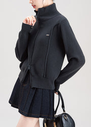Fashion Dark Grey Zip Up High Neck Knit Sweaters Coat Fall