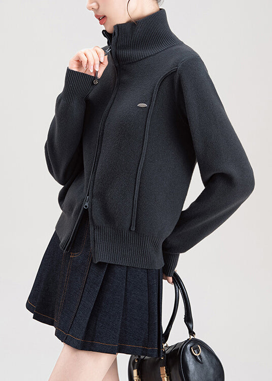Fashion Dark Grey Zip Up High Neck Knit Sweaters Coat Fall