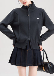 Fashion Dark Grey Zip Up High Neck Knit Sweaters Coat Fall