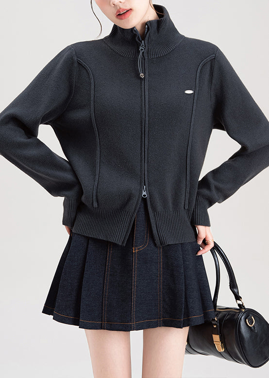 Fashion Dark Grey Zip Up High Neck Knit Sweaters Coat Fall