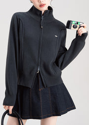 Fashion Dark Grey Zip Up High Neck Knit Sweaters Coat Fall