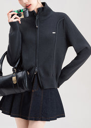 Fashion Dark Grey Zip Up High Neck Knit Sweaters Coat Fall