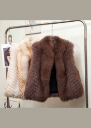 Fashion Gilded Stand Collar Leather And Fur Waistcoat Sleeveless