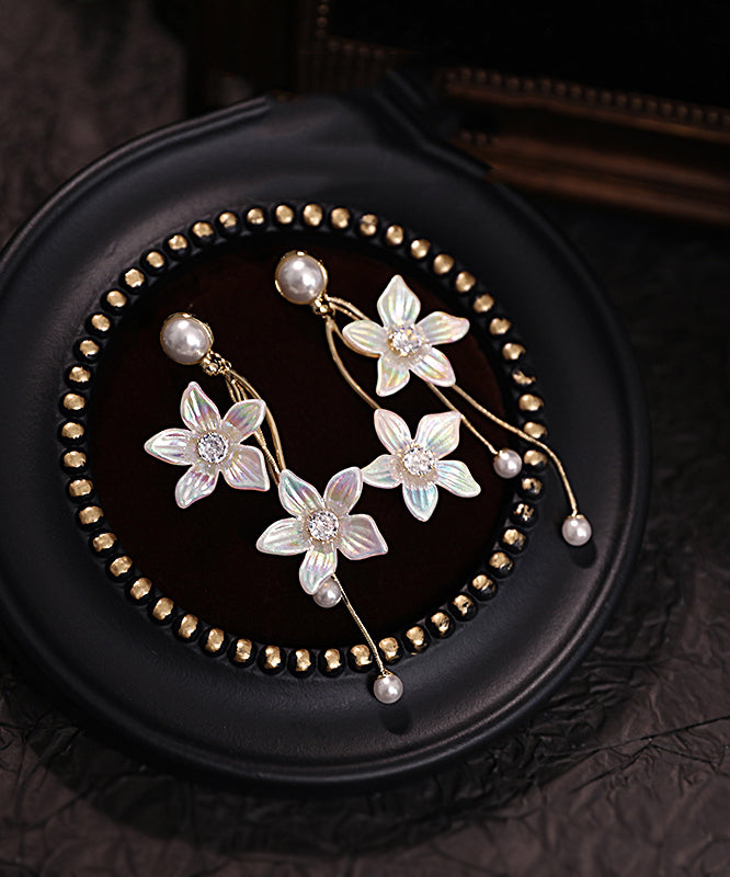 Fashion Gold Acrylic Alloy Zircon Pearl Floral Tassel Drop Earrings