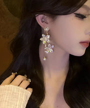 Fashion Gold Acrylic Alloy Zircon Pearl Floral Tassel Drop Earrings