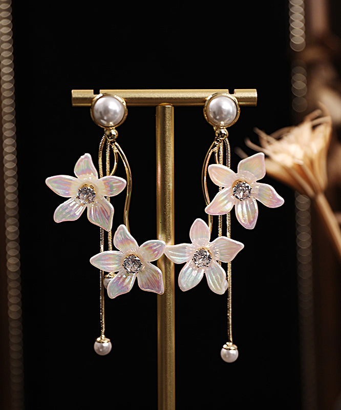 Fashion Gold Acrylic Alloy Zircon Pearl Floral Tassel Drop Earrings