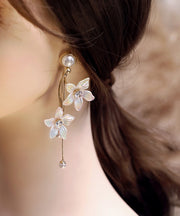 Fashion Gold Acrylic Alloy Zircon Pearl Floral Tassel Drop Earrings