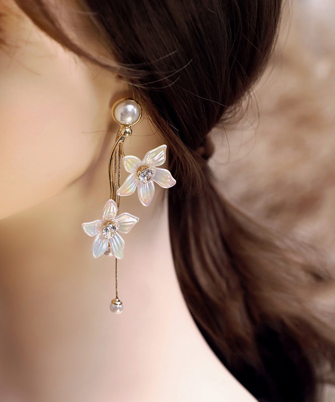 Fashion Gold Acrylic Alloy Zircon Pearl Floral Tassel Drop Earrings