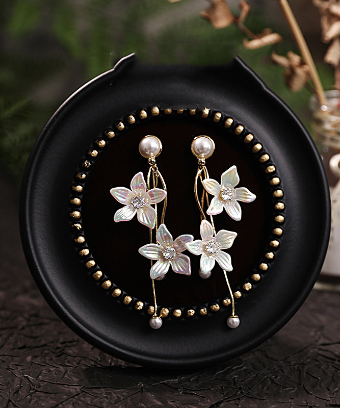 Fashion Gold Acrylic Alloy Zircon Pearl Floral Tassel Drop Earrings