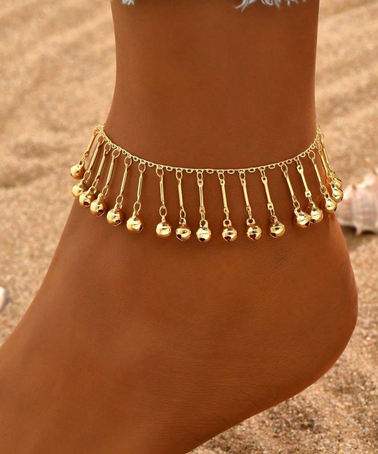 Fashion Gold Alloy Bell Hollow Out Tassel Anklets