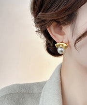 Fashion Gold Alloy Pearl Bow Stud Earrings