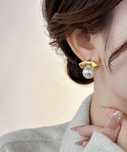 Fashion Gold Alloy Pearl Bow Stud Earrings
