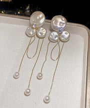 Fashion Gold Alloy Zircon Pearl Floral Tassel Drop Earrings