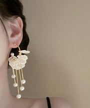 Fashion Gold Copper Alloy Pearl Petals Tassel Drop Earrings