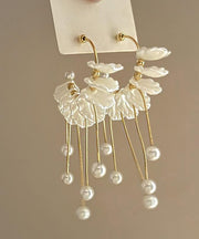 Fashion Gold Copper Alloy Pearl Petals Tassel Drop Earrings
