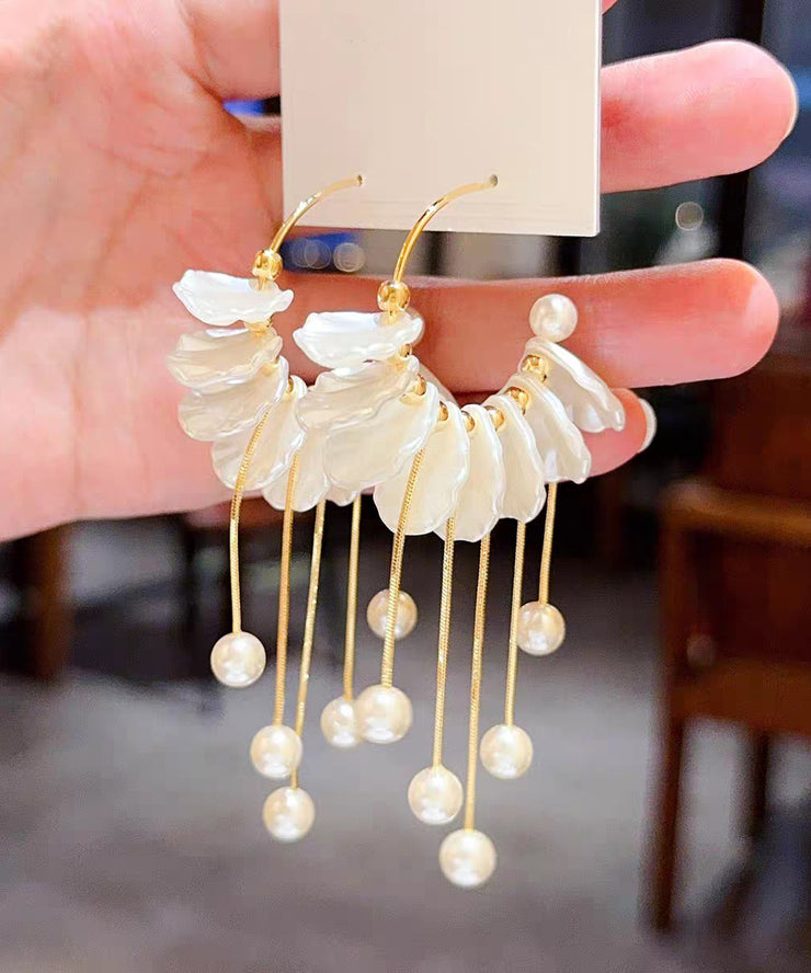 Fashion Gold Copper Alloy Pearl Petals Tassel Drop Earrings