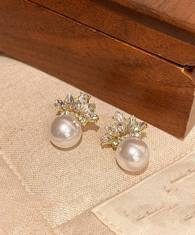 Fashion Gold Copper Alloy Zircon Leaf Pearl Stud Earrings