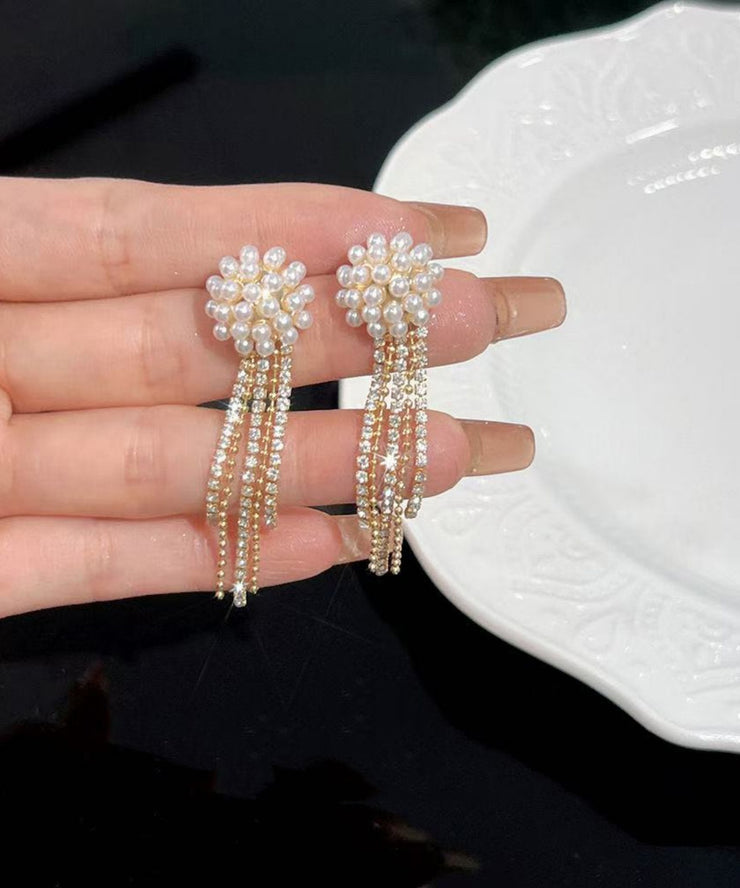 Fashion Gold Copper Alloy Zircon Pearl Tassel Drop Earrings