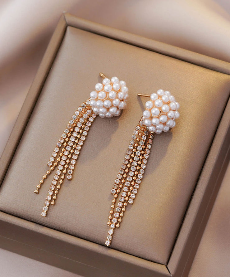 Fashion Gold Copper Alloy Zircon Pearl Tassel Drop Earrings