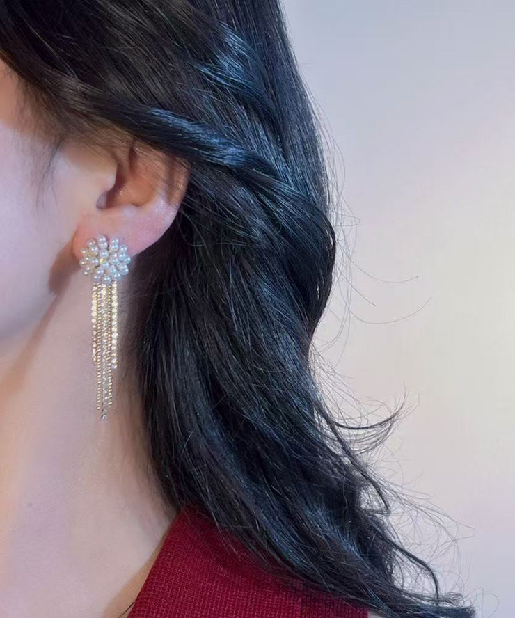 Fashion Gold Copper Alloy Zircon Pearl Tassel Drop Earrings