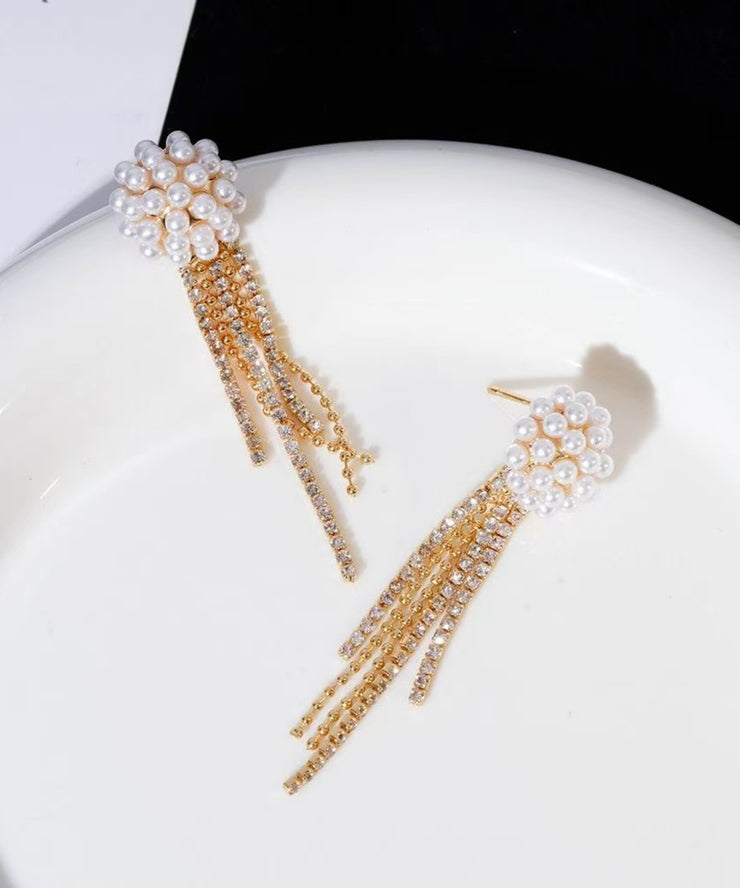 Fashion Gold Copper Alloy Zircon Pearl Tassel Drop Earrings