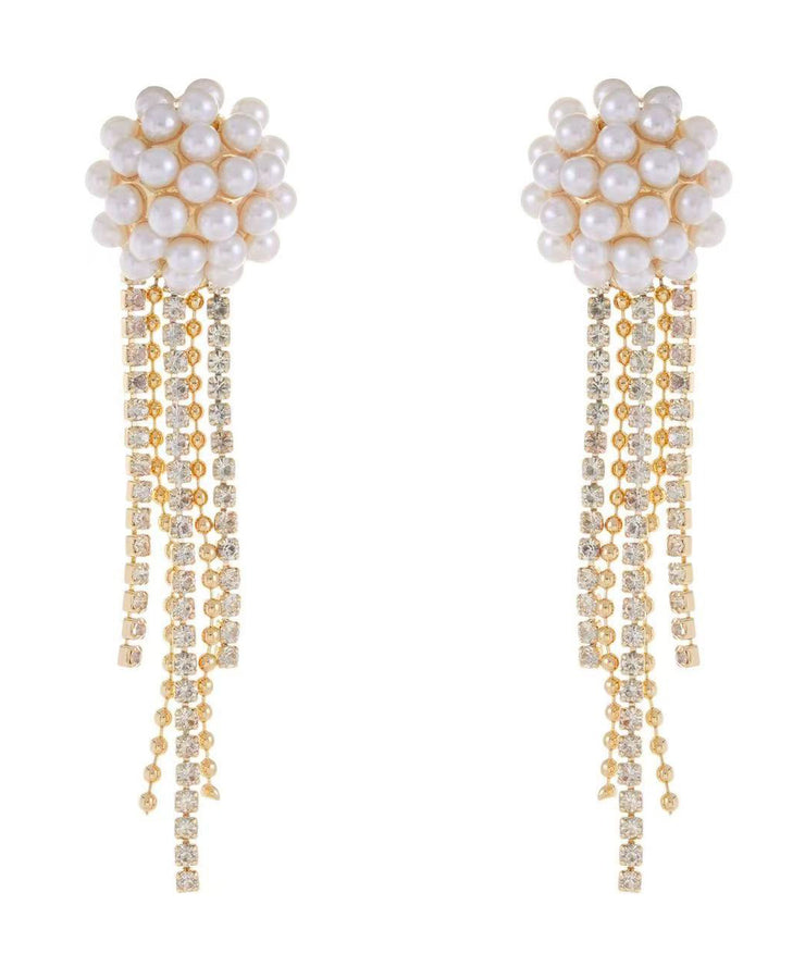 Fashion Gold Copper Alloy Zircon Pearl Tassel Drop Earrings