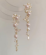 Fashion Gold Copper Overgild Pearl Butterfly Tassel Drop Earrings