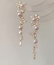 Fashion Gold Copper Overgild Pearl Butterfly Tassel Drop Earrings