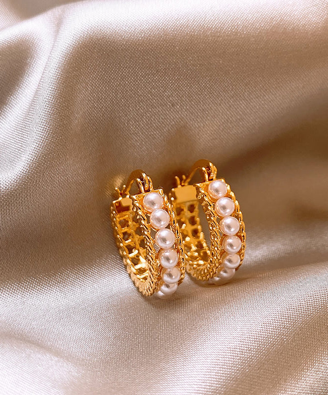 Fashion Gold Copper Overgild Pearl Hoop Earrings