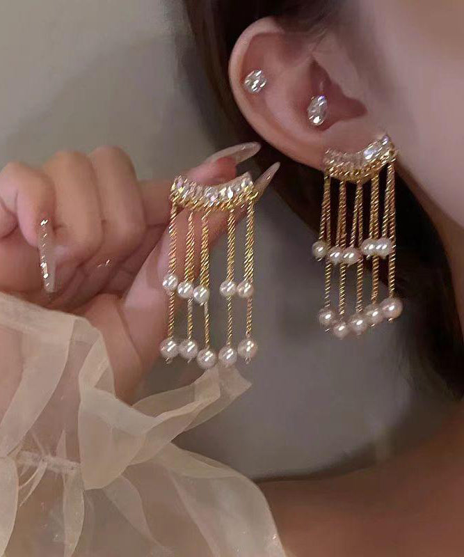 Fashion Gold Copper Overgild Pearl Tassel Drop Earrings