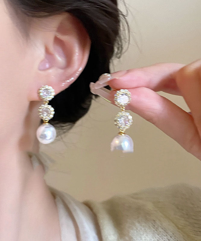 Fashion Gold Copper Overgild Zircon Pearl Drop Earrings