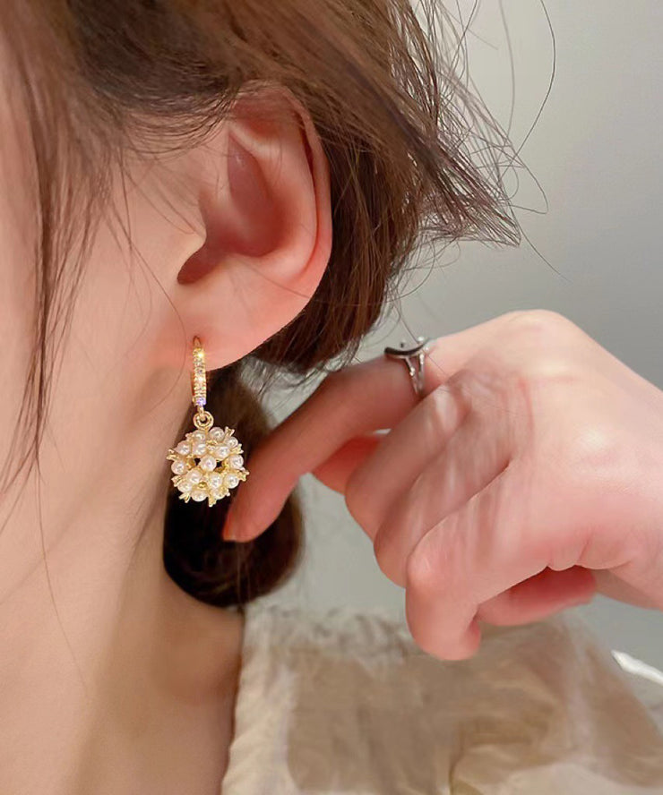 Fashion Gold Copper Overgild Zircon Spherical Pearl Drop Earrings
