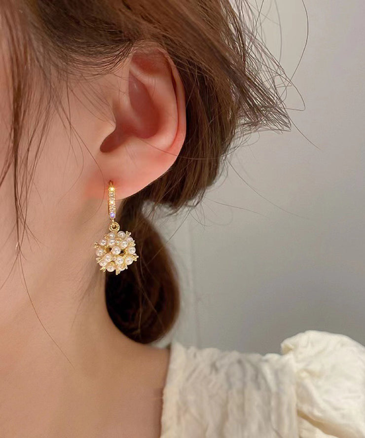 Fashion Gold Copper Overgild Zircon Spherical Pearl Drop Earrings