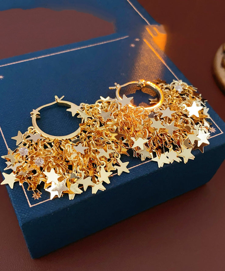 Fashion Gold Copper Overgild Zircon Star Tassel Hoop Earrings