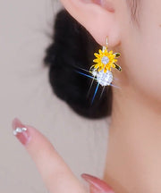 Fashion Gold Copper Overgild Zircon Sunflower Drop Earrings