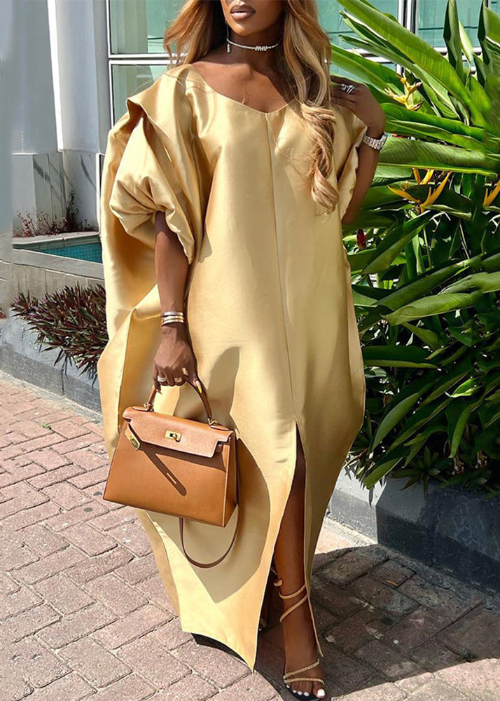 Fashion Gold Puff Sleeve Front Open Plus Size Silk Long Dress