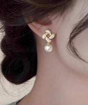 Fashion Gold Sterling Silver Overgild Zircon Pearl Square Drop Earrings