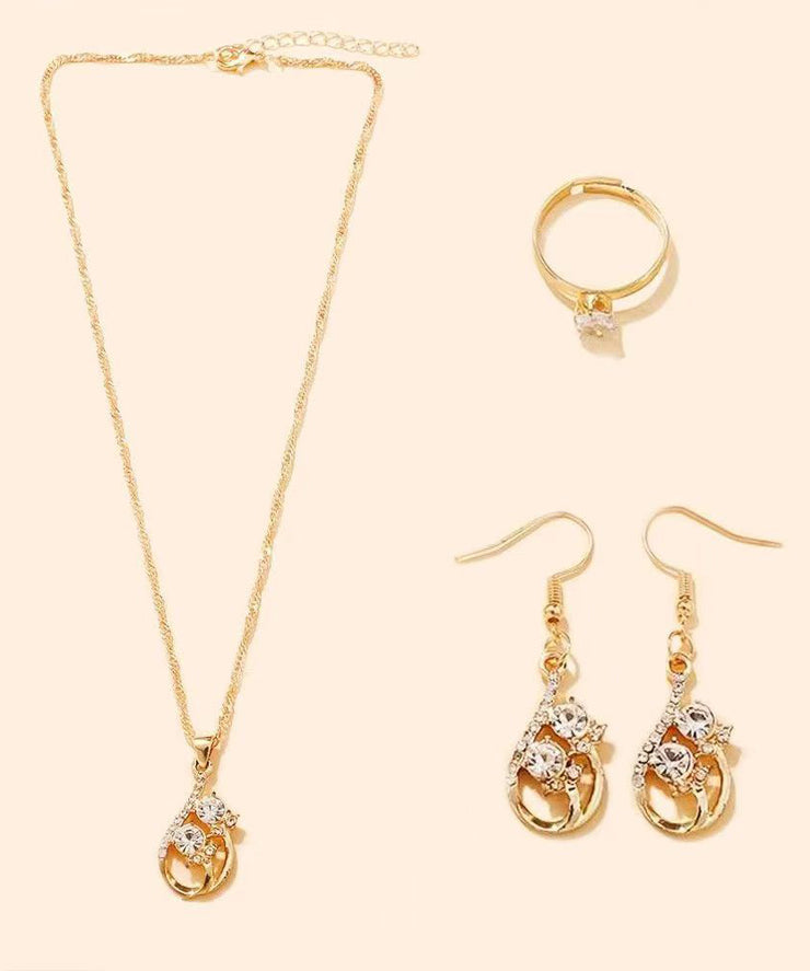 Fashion Gold Zircon Drop Earrings ,Rings And Pendant Necklace Three-Piece Set