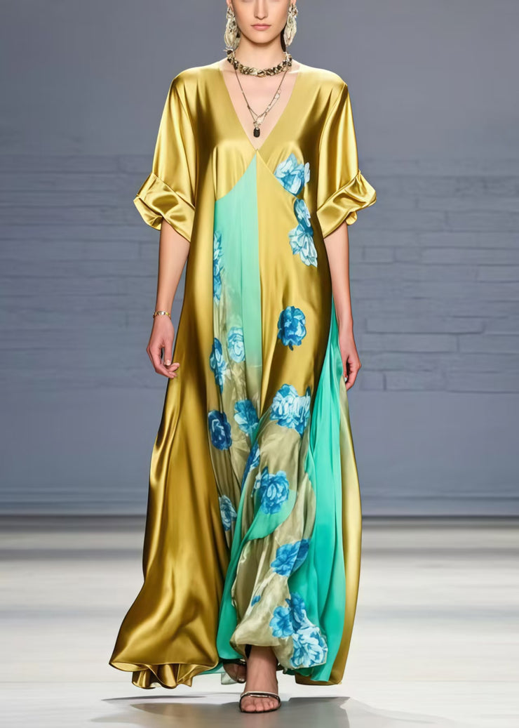 Fashion Grass Green V Neck Floral Silk Dress Summer