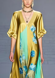 Fashion Grass Green V Neck Floral Silk Dress Summer