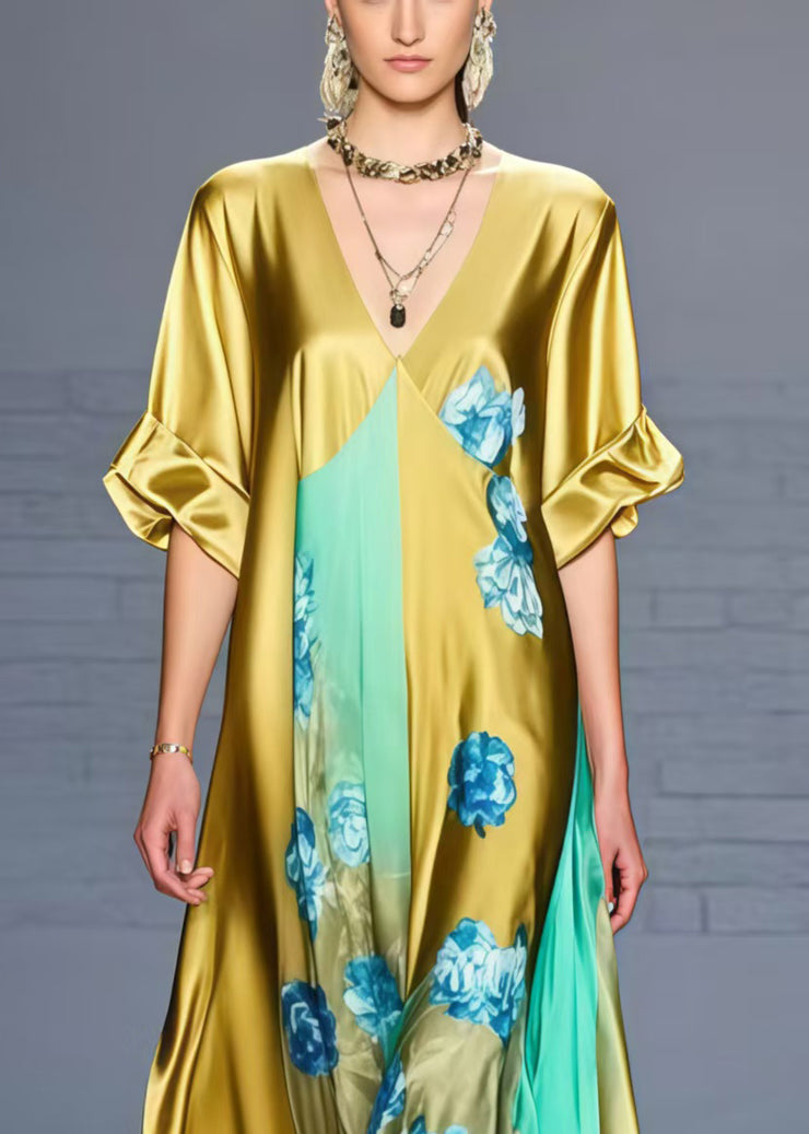 Fashion Grass Green V Neck Floral Silk Dress Summer
