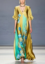 Fashion Grass Green V Neck Floral Silk Dress Summer