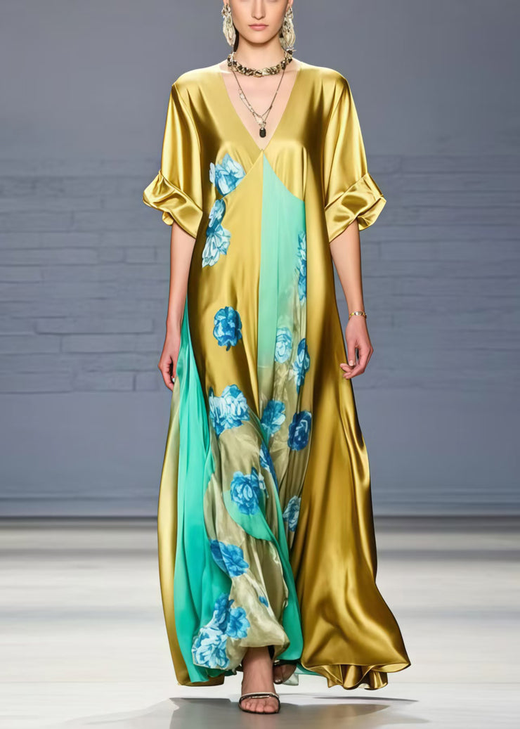 Fashion Grass Green V Neck Floral Silk Dress Summer
