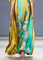 Fashion Grass Green V Neck Floral Silk Dress Summer