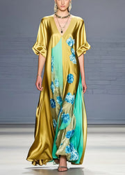 Fashion Grass Green V Neck Floral Silk Dress Summer