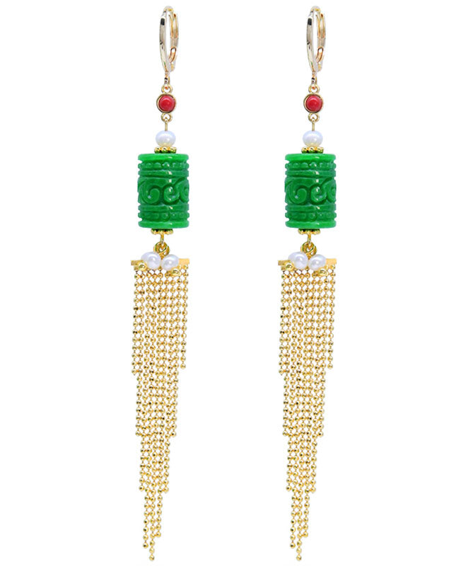 Fashion Green 14K Gold Jade Pearl Dry Green Tassel Drop Earrings