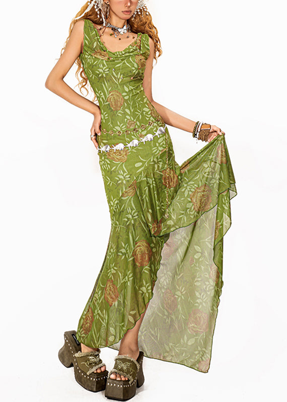 Fashion Green Asymmetrical Tulle Maxi Spaghetti Strap Fishtail Dress Summer
