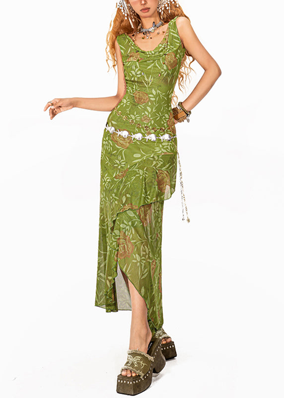 Fashion Green Asymmetrical Tulle Maxi Spaghetti Strap Fishtail Dress Summer