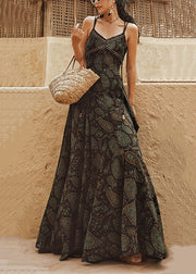 Fashion Green Backless Print Lace Up Chiffon Spaghetti Strap Dress Sleeveless