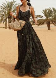 Fashion Green Backless Print Lace Up Chiffon Spaghetti Strap Dress Sleeveless